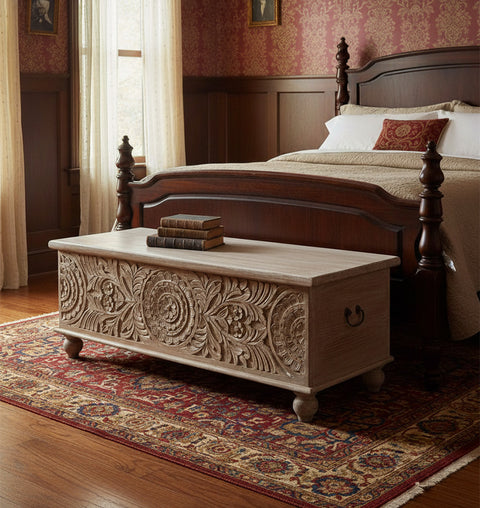 Rose Medallion Carved Storage Trunk