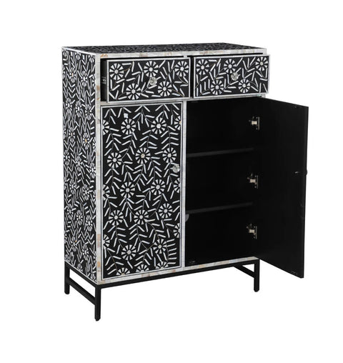 Mother of Pearl Floral Pattern 2 Drawers & 2 Doors Cabinet with Iron Stand