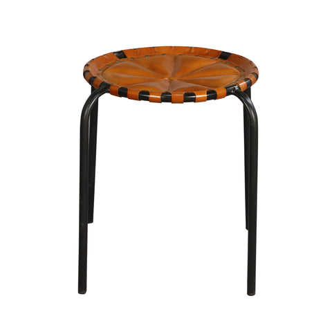 Round Leather Stool with Iron Legs