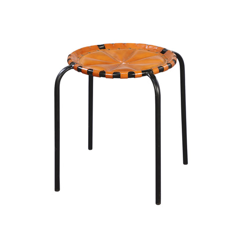 Round Leather Stool with Iron Legs