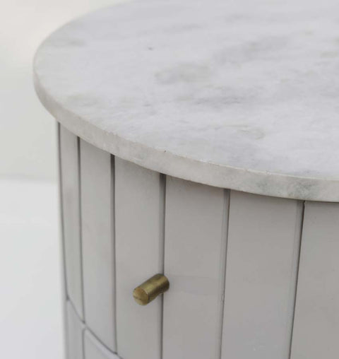 Round Marble Top Side Table with Iron Legs & Dual Drawers