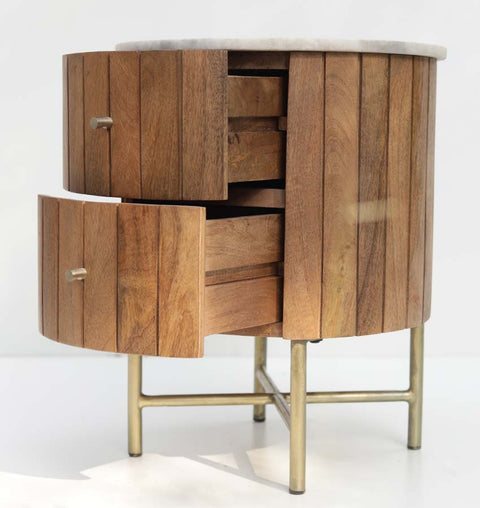 Round Marble Top Side Table with Iron Legs & Dual Drawers