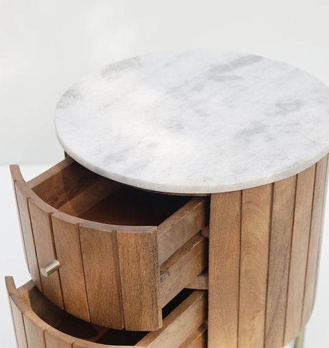 Round Marble Top Side Table with Iron Legs & Dual Drawers