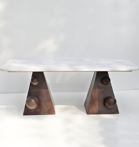 Handcrafted Marble Coffee Table with Sculpted Pyramid Wood Legs