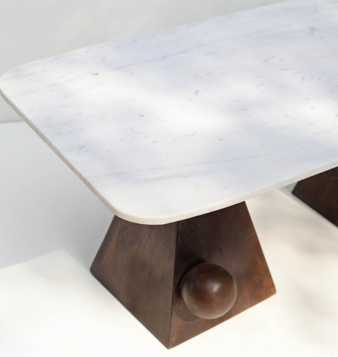 Handcrafted Marble Coffee Table with Sculpted Pyramid Wood Legs