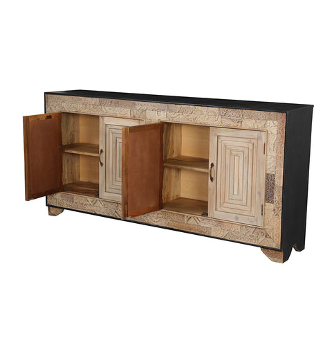 Bohemian Carved Wood Storage 4 Door Sideboard