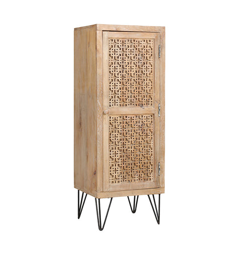 Hand-Carved Wooden Single Door Tall Cabinet with Intricate Lattice Design - Simply Home
