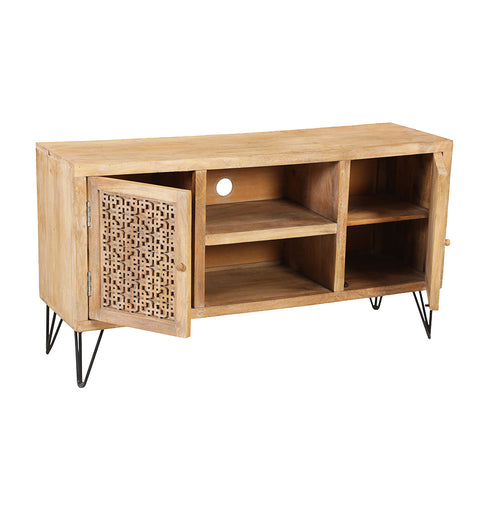Wooden Carved 2 Door Media Cabinet with Open shelf - Simply Home