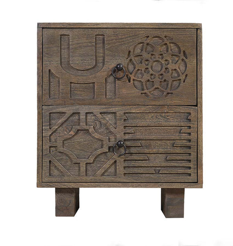 Boho Chic Wooden 2 Drawer Bedside Ornate Carving & Storage - Simply Home