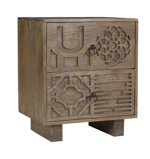 Boho Chic Wooden 2 Drawer Bedside Ornate Carving & Storage - Simply Home