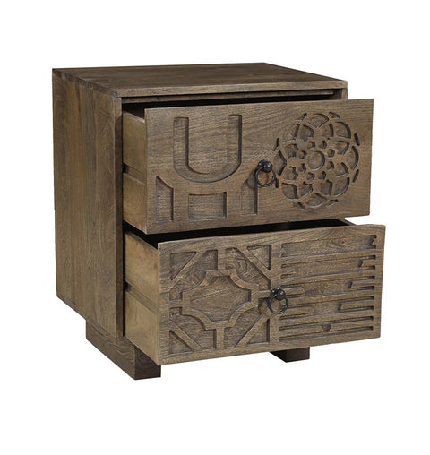 Boho Chic Wooden 2 Drawer Bedside Ornate Carving & Storage - Simply Home