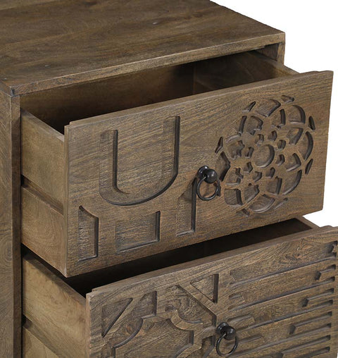 Boho Chic Wooden 2 Drawer Bedside Ornate Carving & Storage - Simply Home