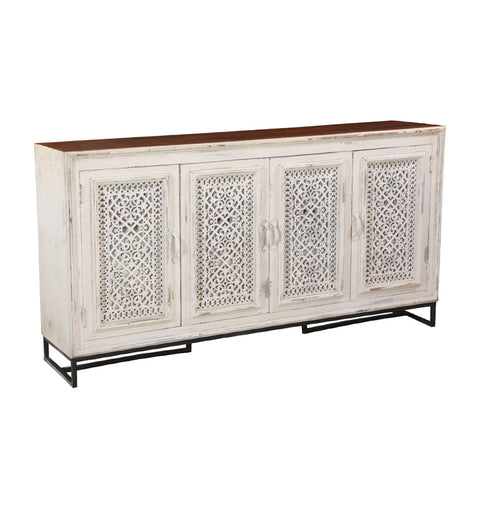 Hand-Carved Distressed White Wooden Sideboard with Lattice 4 Doors - Simply Home