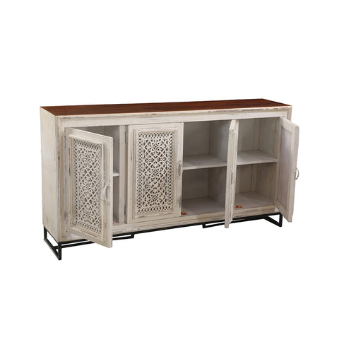 Hand-Carved Distressed White Wooden Sideboard with Lattice 4 Doors - Simply Home