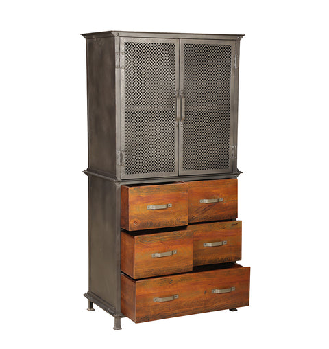 Metal Mesh 2 Door 6 Wooden Drawer Almirah - Simply Home