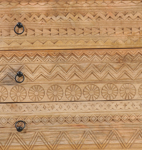 Hand-Carved Solid Wood Chest of 6 Drawers Intricate Tribal Patterns - Simply Home