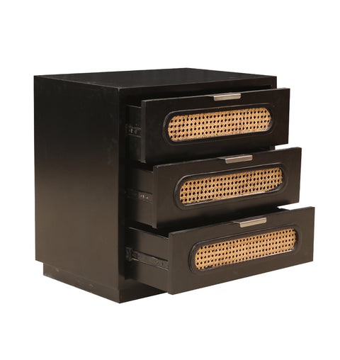 Verona Wooden Cane Black Bedside Table with 3 Drawers - Simply Home