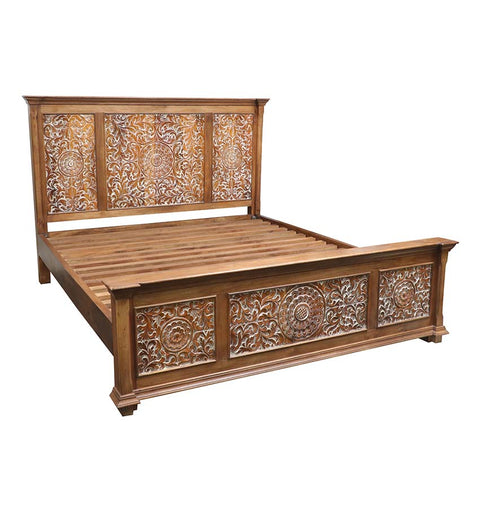 Heritage Hand-Carved Wooden Mandala Pattern Bed - Simply Home