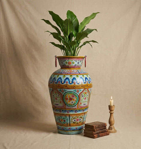 Handpainted Iron Folk Art Planter with Traditional Indian Motifs