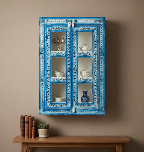 Handcrafted Blue Crackle Painted Wooden Wall Cabinet