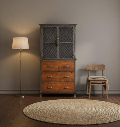 Metal Mesh 2 Door 6 Wooden Drawer Almirah - Simply Home