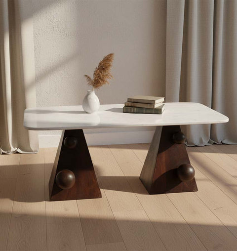 Handcrafted Marble Coffee Table with Sculpted Pyramid Wood Legs
