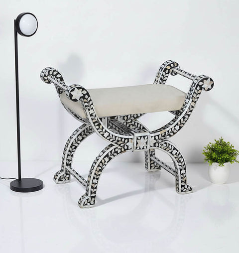 Mother of Pearl Inlaid Floral Roman Cushion Chair - Black - Simply Home