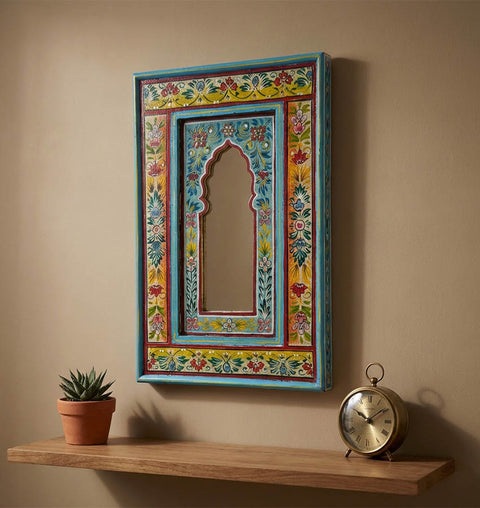 Hand Painted Solid Wood Wall Mirror with Traditional Floral Art