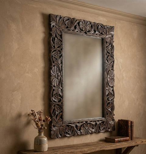 Hand-Carved Solid Wood Wall Mirror with Desert Brown Finish