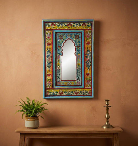 Hand Painted Solid Wood Wall Mirror with Traditional Floral Art