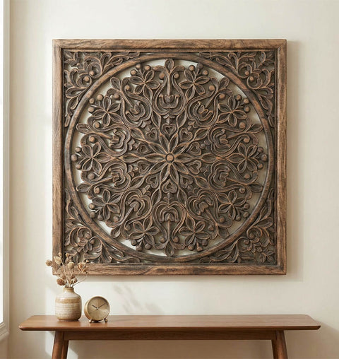 Handcrafted Solid Wood Floral Mandala Wall Carved Panel
