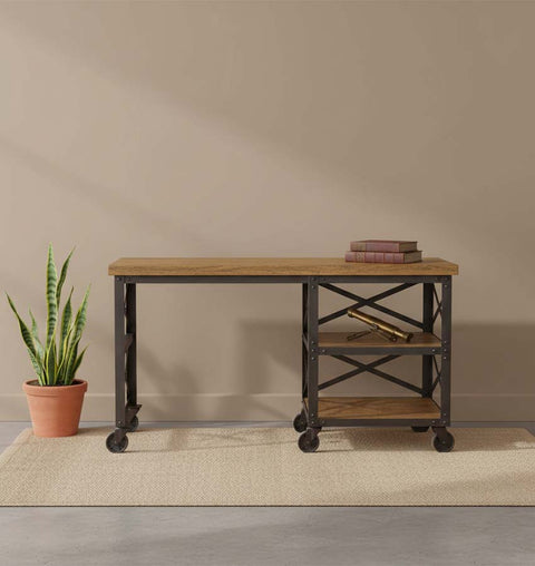 Solid Wood Industrial 2 Shelf Writing Table with Wheels