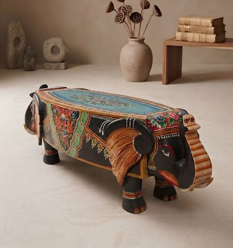 Hand Painted Wooden Elephant Bench