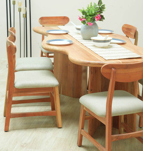 Acacia Wood Wave Dining Table with 6 Cushioned Chairs