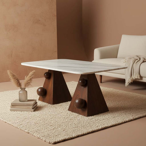 Handcrafted Marble Coffee Table with Sculpted Pyramid Wood Legs