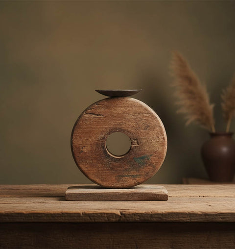 Rustic Wood Disc Candle Stand Set of 2