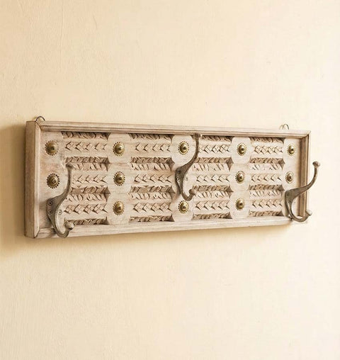 Handcrafted Wooden Carved Wall Hook with Brass Accents