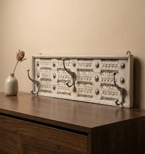 Handcrafted Wooden Carved Wall Hook with Brass Accents