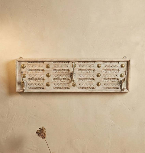 Handcrafted Wooden Carved Wall Hook with Brass Accents