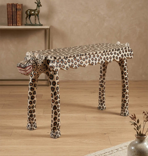 Handcrafted Leopard Head Wooden Bench with Crackle Finish