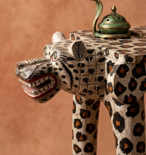 Handcrafted Leopard Head Wooden Bench with Crackle Finish