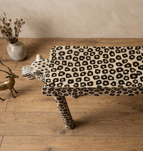 Handcrafted Leopard Head Wooden Bench with Crackle Finish