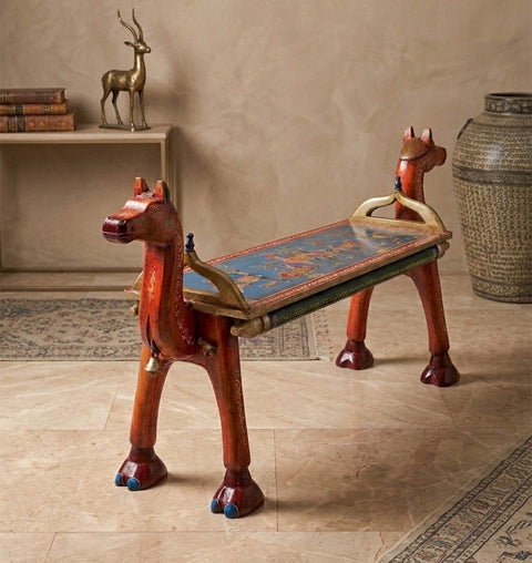 Handcrafted Camel Head Wooden Bench with Ambrose Art Finish
