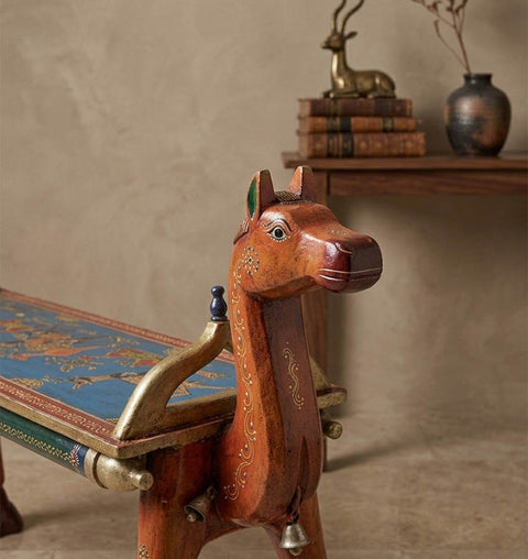 Handcrafted Camel Head Wooden Bench with Ambrose Art Finish