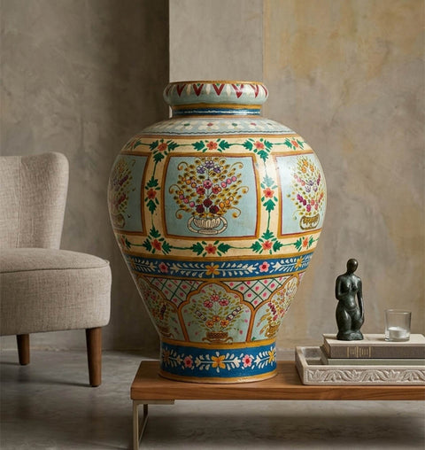 Handpainted Iron Folk Art Planter with Traditional Indian Motifs