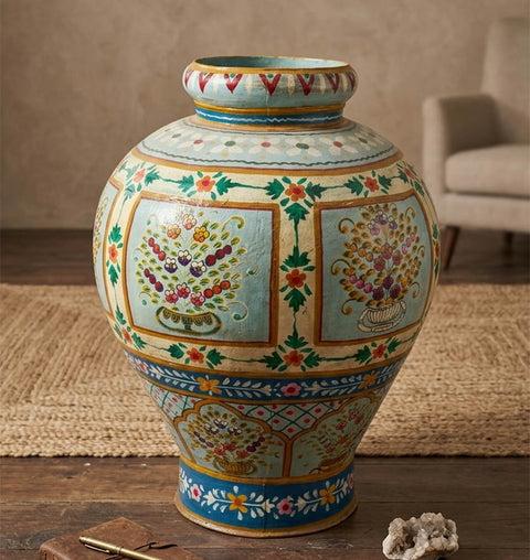 Handpainted Iron Folk Art Planter with Traditional Indian Motifs