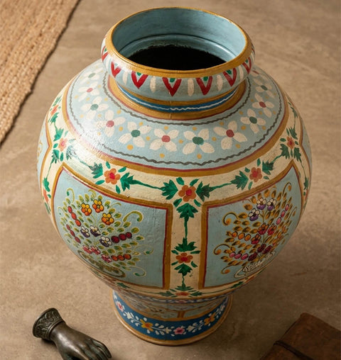 Handpainted Iron Folk Art Planter with Traditional Indian Motifs