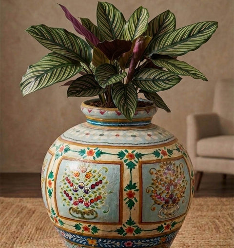 Handpainted Iron Folk Art Planter with Traditional Indian Motifs