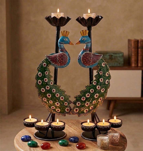Handcrafted Peacock Iron Candle Stand with Hand-Painted Detailing