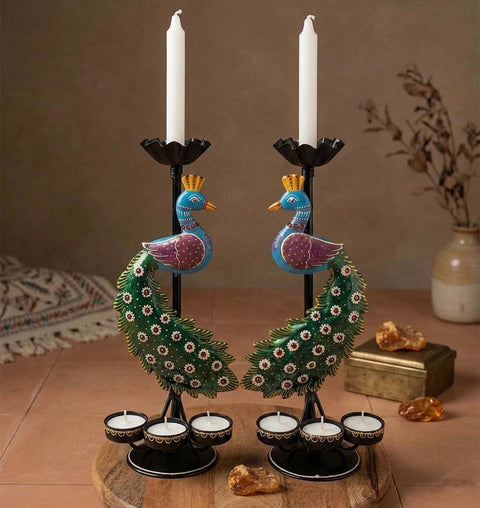 Handcrafted Peacock Iron Candle Stand with Hand-Painted Detailing